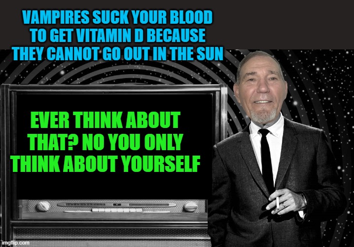 VAMPIRES SUCK YOUR BLOOD TO GET VITAMIN D BECAUSE THEY CANNOT GO OUT IN THE SUN; EVER THINK ABOUT THAT? NO YOU ONLY THINK ABOUT YOURSELF | image tagged in the kewlew zone,vampires | made w/ Imgflip meme maker
