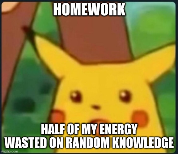 Homework | HOMEWORK; HALF OF MY ENERGY WASTED ON RANDOM KNOWLEDGE | image tagged in surprised pikachu | made w/ Imgflip meme maker