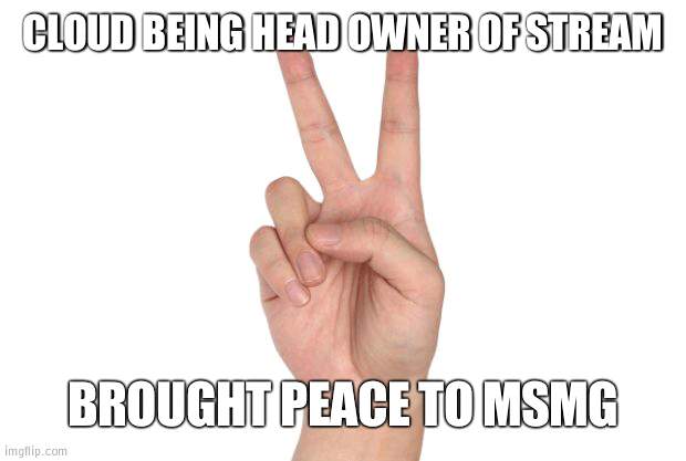She really did | CLOUD BEING HEAD OWNER OF STREAM; BROUGHT PEACE TO MSMG | image tagged in peace sign,owner,peace,cloud | made w/ Imgflip meme maker