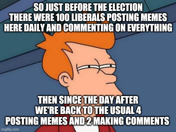 Futurama Fry Meme | SO JUST BEFORE THE ELECTION THERE WERE 100 LIBERALS POSTING MEMES HERE DAILY AND COMMENTING ON EVERYTHING; THEN SINCE THE DAY AFTER WE'RE BACK TO THE USUAL 4 POSTING MEMES AND 2 MAKING COMMENTS | image tagged in memes,futurama fry | made w/ Imgflip meme maker