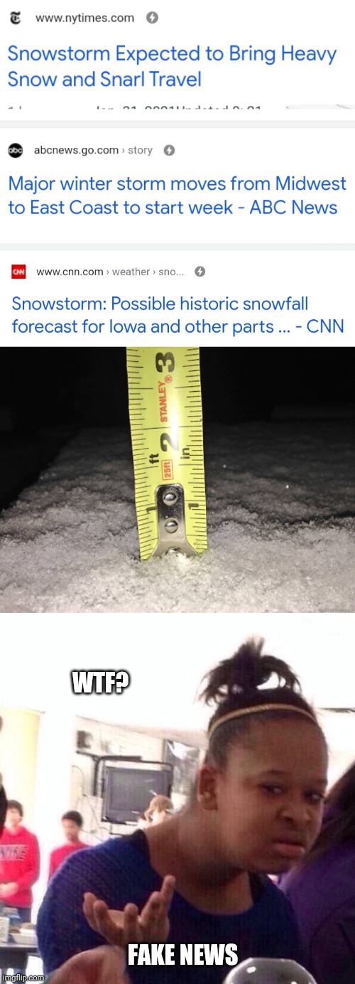 DIDN'T EVEN NEED A SNOW SHOVEL | WTF? FAKE NEWS | image tagged in memes,black girl wat,snow,snowstorm,cnn fake news,fake news | made w/ Imgflip meme maker
