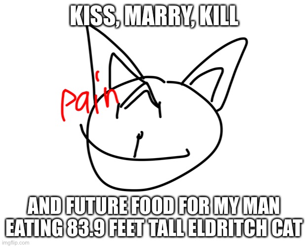 KISS, MARRY, KILL; AND FUTURE FOOD FOR MY MAN EATING 83.9 FEET TALL ELDRITCH CAT | made w/ Imgflip meme maker