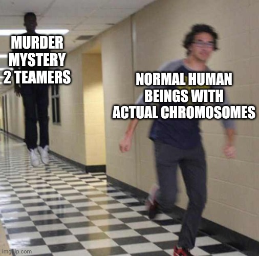 floating boy chasing running boy | MURDER MYSTERY 2 TEAMERS; NORMAL HUMAN BEINGS WITH ACTUAL CHROMOSOMES | image tagged in floating boy chasing running boy | made w/ Imgflip meme maker