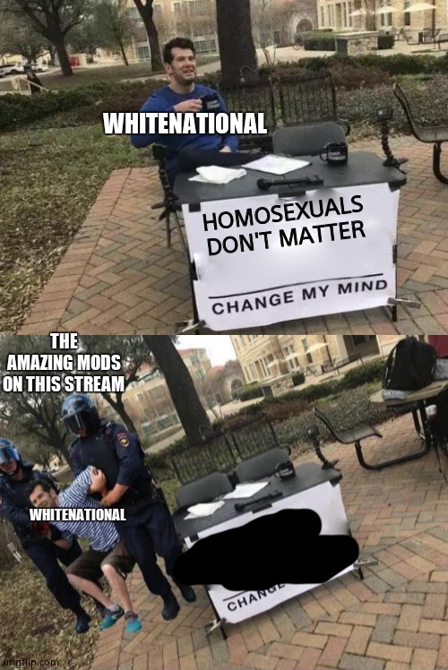 He deserved to get banned | WHITENATIONAL; HOMOSEXUALS DON'T MATTER; THE AMAZING MODS ON THIS STREAM; WHITENATIONAL; HOMOSEXUALS DON'T MATTER | image tagged in change my mind gets arrested | made w/ Imgflip meme maker
