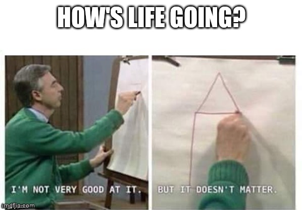 *wholesome title* | HOW'S LIFE GOING? | image tagged in i'm not very good at it but it doesn't matter mr rogers | made w/ Imgflip meme maker