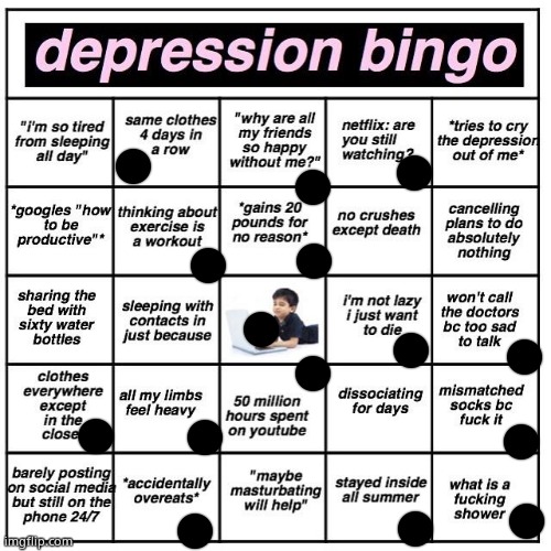 Dot on the ones that are me | image tagged in depression bingo | made w/ Imgflip meme maker