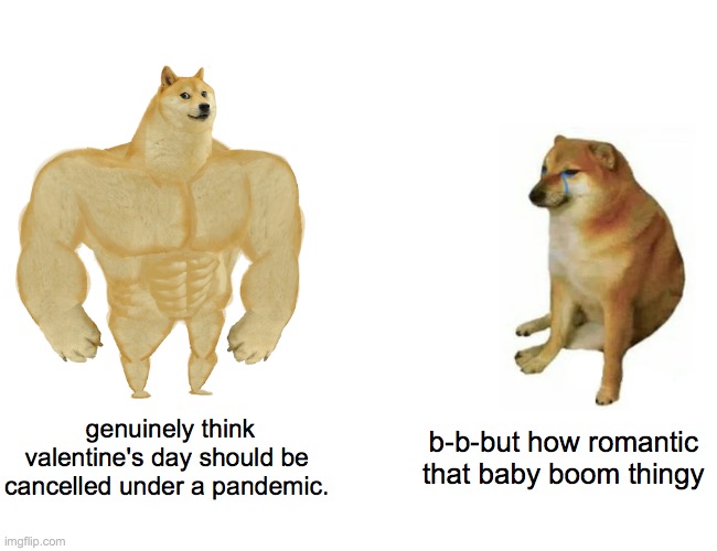 Valentine's Day 2021 | genuinely think valentine's day should be cancelled under a pandemic. b-b-but how romantic that baby boom thingy | image tagged in memes,buff doge vs cheems,valentine's day | made w/ Imgflip meme maker