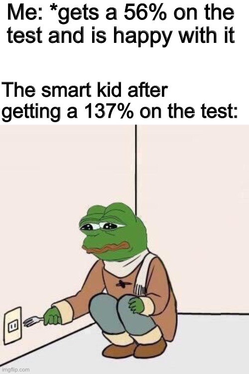 Smart kid goo brrrrr |  Me: *gets a 56% on the test and is happy with it; The smart kid after getting a 137% on the test: | image tagged in sad pepe suicide | made w/ Imgflip meme maker