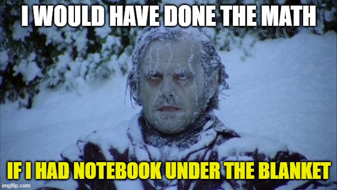 Cold | I WOULD HAVE DONE THE MATH; IF I HAD NOTEBOOK UNDER THE BLANKET | image tagged in cold | made w/ Imgflip meme maker