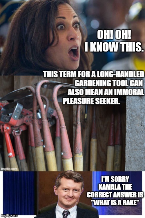 She Thought She Knew The Answer From Past Experience. | image tagged in kamala harris,jeopardy,rakes and hoes | made w/ Imgflip meme maker