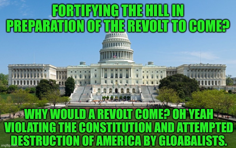 The leftist globalists are preparing for suppression of a revolution, | FORTIFYING THE HILL IN PREPARATION OF THE REVOLT TO COME? WHY WOULD A REVOLT COME? OH YEAH VIOLATING THE CONSTITUTION AND ATTEMPTED DESTRUCTION OF AMERICA BY GLOABALISTS. | image tagged in capitol hill,traitors,leftists,globalists,liars,liars club | made w/ Imgflip meme maker