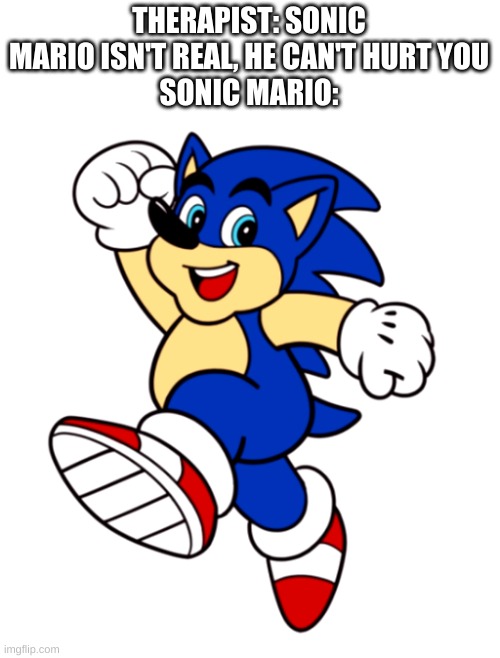 this is horrifying | THERAPIST: SONIC MARIO ISN'T REAL, HE CAN'T HURT YOU
SONIC MARIO: | image tagged in memes,funny,sonic the hedgehog,mario,oh god why | made w/ Imgflip meme maker