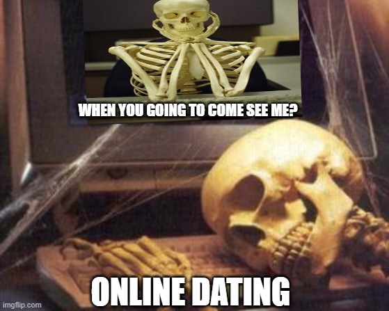 skeleton computer | WHEN YOU GOING TO COME SEE ME? ONLINE DATING | image tagged in skeleton computer | made w/ Imgflip meme maker