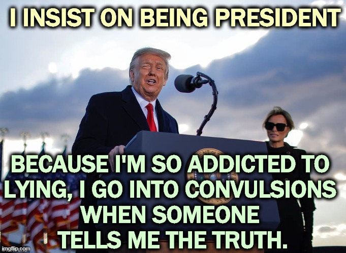 So tired of winning. So, so tired. | I INSIST ON BEING PRESIDENT; BECAUSE I'M SO ADDICTED TO 
LYING, I GO INTO CONVULSIONS 
WHEN SOMEONE 
TELLS ME THE TRUTH. | image tagged in trump,addicted,lies,hate,truth | made w/ Imgflip meme maker