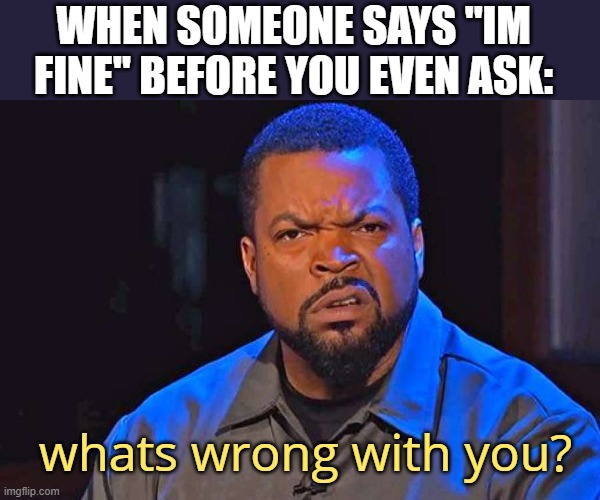 What's Wrong With You? | WHEN SOMEONE SAYS "IM FINE" BEFORE YOU EVEN ASK:; whats wrong with you? | image tagged in what's wrong with you | made w/ Imgflip meme maker