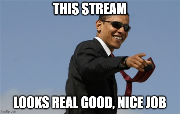 Cool Obama Meme | THIS STREAM; LOOKS REAL GOOD, NICE JOB | image tagged in memes,cool obama | made w/ Imgflip meme maker