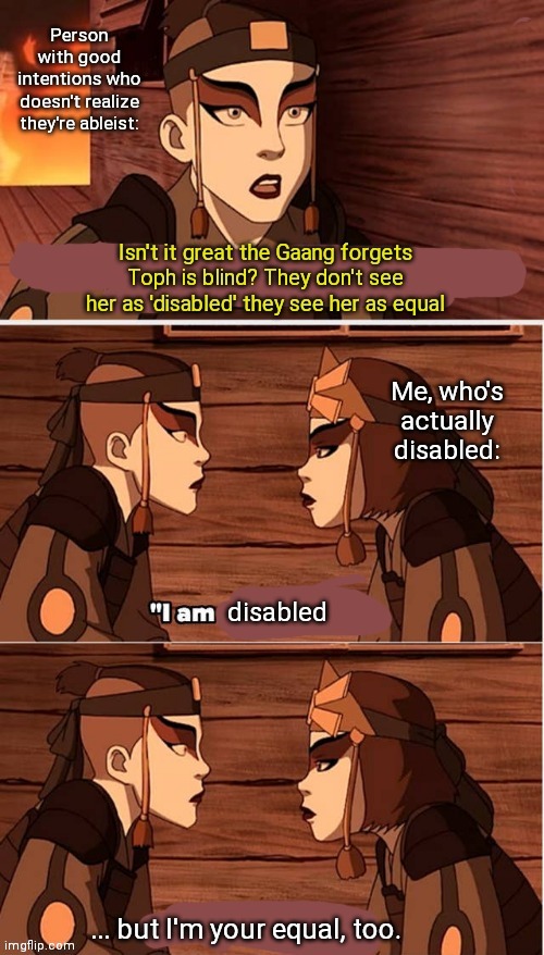 Sokka/Suki Disability Meme | image tagged in disability,disabled,avatar,avatar the last airbender | made w/ Imgflip meme maker