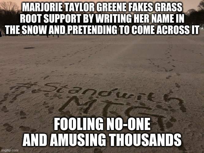 Just Resign already | MARJORIE TAYLOR GREENE FAKES GRASS ROOT SUPPORT BY WRITING HER NAME IN THE SNOW AND PRETENDING TO COME ACROSS IT; FOOLING NO-ONE AND AMUSING THOUSANDS | image tagged in marjorie taylor greene,astroturf,qanon,fake grass roots,pathetic | made w/ Imgflip meme maker