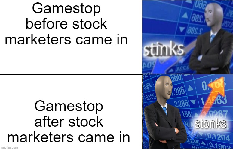 i don't understand the stock market | Gamestop before stock marketers came in; Gamestop after stock marketers came in | image tagged in disappointed black guy,stonks,stinks,memes,funny,gamestop | made w/ Imgflip meme maker