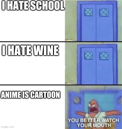 You better watch your mouth | I HATE SCHOOL; I HATE WINE; ANIME IS CARTOON | image tagged in you better watch your mouth | made w/ Imgflip meme maker