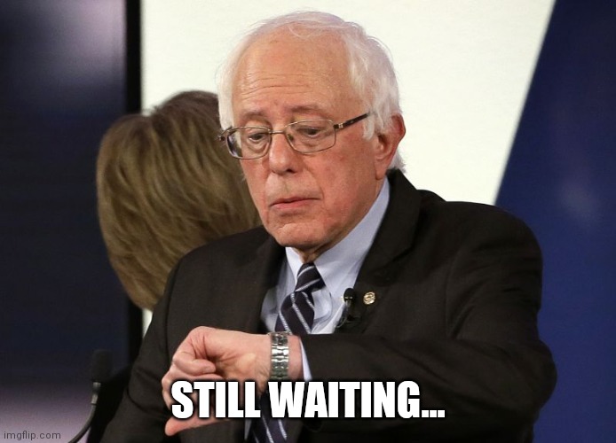 Bernie Sanders checks watch | STILL WAITING... | image tagged in bernie sanders checks watch | made w/ Imgflip meme maker