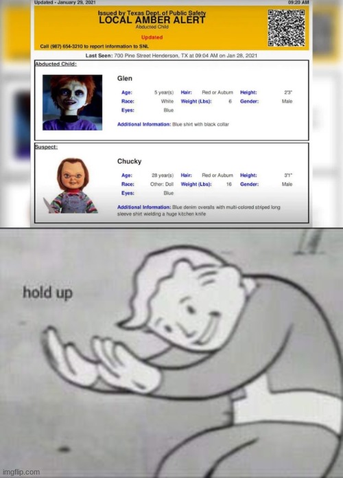 ???????????? | image tagged in fallout hold up,chucky,funny | made w/ Imgflip meme maker