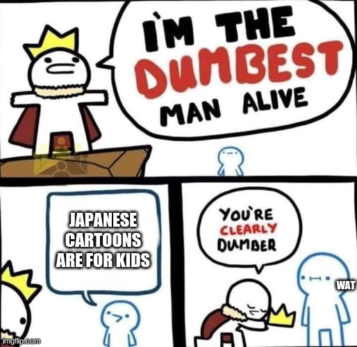 Dumbest Man Alive Blank | JAPANESE CARTOONS ARE FOR KIDS; WAT | image tagged in dumbest man alive blank | made w/ Imgflip meme maker