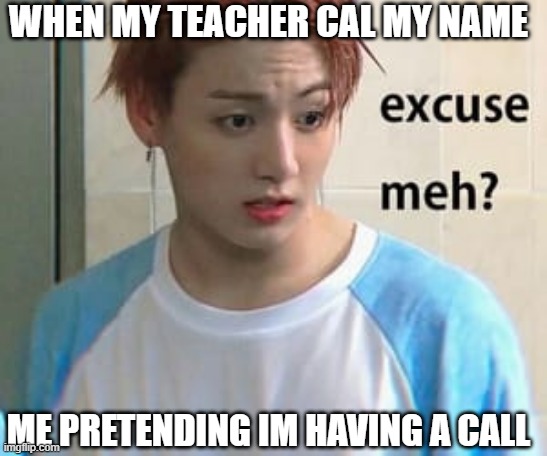 Excuse me? | WHEN MY TEACHER CAL MY NAME; ME PRETENDING IM HAVING A CALL | image tagged in excuse me | made w/ Imgflip meme maker