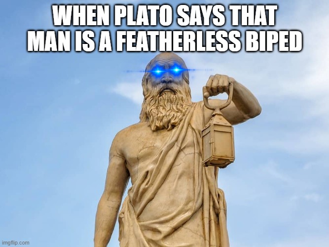 diogenes | WHEN PLATO SAYS THAT MAN IS A FEATHERLESS BIPED | image tagged in memes,greek,philosophy,history | made w/ Imgflip meme maker