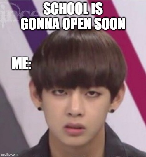 school | SCHOOL IS GONNA OPEN SOON; ME: | image tagged in bts v | made w/ Imgflip meme maker