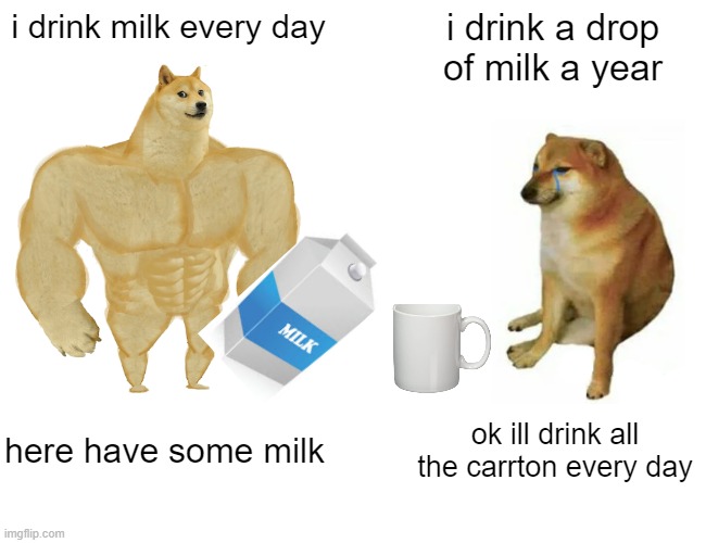 Buff Doge vs. Cheems Meme | i drink milk every day; i drink a drop of milk a year; here have some milk; ok ill drink all the carrton every day | image tagged in memes,buff doge vs cheems | made w/ Imgflip meme maker