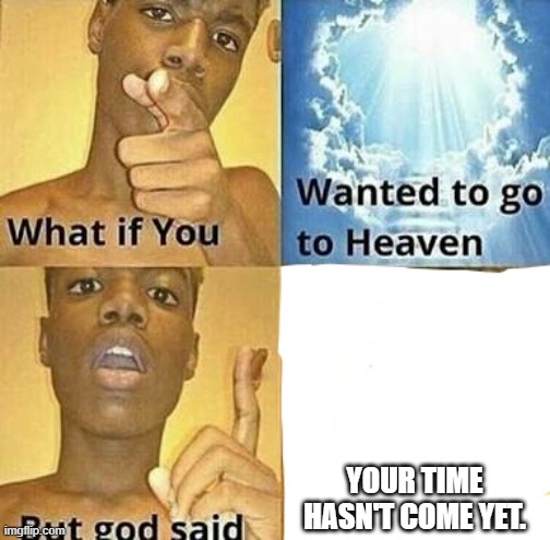 Still a LONG way to go before you get to go to heaven. | YOUR TIME HASN'T COME YET. | image tagged in what if you wanted to go to heaven | made w/ Imgflip meme maker