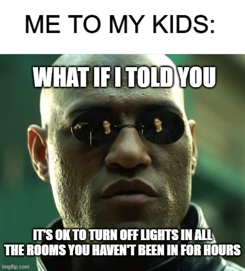 Turn Off The Lights | ME TO MY KIDS:; WHAT IF I TOLD YOU; IT'S OK TO TURN OFF LIGHTS IN ALL THE ROOMS YOU HAVEN'T BEEN IN FOR HOURS | image tagged in morpheus | made w/ Imgflip meme maker