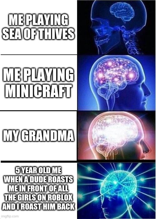 Expanding Brain | ME PLAYING SEA OF THIVES; ME PLAYING MINICRAFT; MY GRANDMA; 5 YEAR OLD ME WHEN A DUDE ROASTS ME IN FRONT OF ALL THE GIRLS ON ROBLOX AND I ROAST HIM BACK | image tagged in memes,expanding brain,roblox meme | made w/ Imgflip meme maker