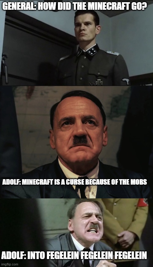 Hitler plays Minecraft (Done playing Minecraft version) | GENERAL: HOW DID THE MINECRAFT GO? ADOLF: MINECRAFT IS A CURSE BECAUSE OF THE MOBS; ADOLF: INTO FEGELEIN FEGELEIN FEGELEIN | image tagged in hitler is informed by gunsche downfall,minecraft,hitler downfall | made w/ Imgflip meme maker