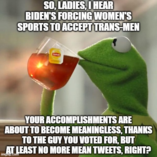 Happy yet, ladies? |  SO, LADIES, I HEAR BIDEN'S FORCING WOMEN'S SPORTS TO ACCEPT TRANS-MEN; YOUR ACCOMPLISHMENTS ARE ABOUT TO BECOME MEANINGLESS, THANKS TO THE GUY YOU VOTED FOR, BUT AT LEAST NO MORE MEAN TWEETS, RIGHT? | image tagged in memes,but that's none of my business,kermit the frog | made w/ Imgflip meme maker