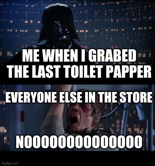 Star Wars No Meme |  ME WHEN I GRABED THE LAST TOILET PAPPER; EVERYONE ELSE IN THE STORE; NOOOOOOOOOOOOOO | image tagged in memes,star wars no | made w/ Imgflip meme maker