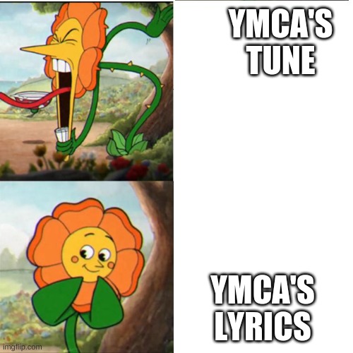 true tho... YOUNG MAN WHY ARE YOU SO DOWN????! >:( | YMCA'S TUNE; YMCA'S LYRICS | image tagged in cuphead flower,ymca | made w/ Imgflip meme maker