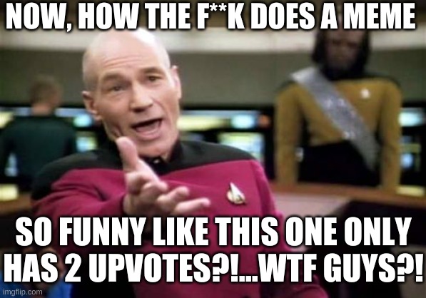 Picard Wtf Meme | NOW, HOW THE F**K DOES A MEME SO FUNNY LIKE THIS ONE ONLY HAS 2 UPVOTES?!...WTF GUYS?! | image tagged in memes,picard wtf | made w/ Imgflip meme maker