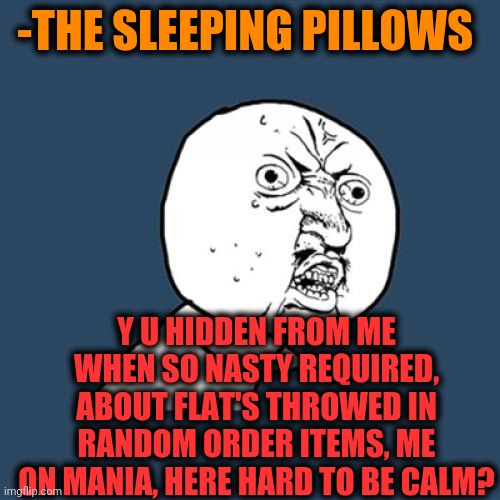-Sleeping tablet. | -THE SLEEPING PILLOWS; Y U HIDDEN FROM ME WHEN SO NASTY REQUIRED, ABOUT FLAT'S THROWED IN RANDOM ORDER ITEMS, ME ON MANIA, HERE HARD TO BE CALM? | image tagged in memes,y u no,five nights at freddys,no need to thank me,meds,ill just wait here | made w/ Imgflip meme maker