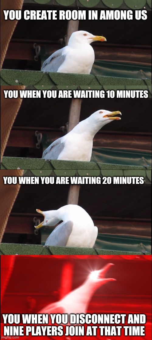 Inhaling Seagull | YOU CREATE ROOM IN AMONG US; YOU WHEN YOU ARE WAITING 10 MINUTES; YOU WHEN YOU ARE WAITING 20 MINUTES; YOU WHEN YOU DISCONNECT AND NINE PLAYERS JOIN AT THAT TIME | image tagged in meme | made w/ Imgflip meme maker