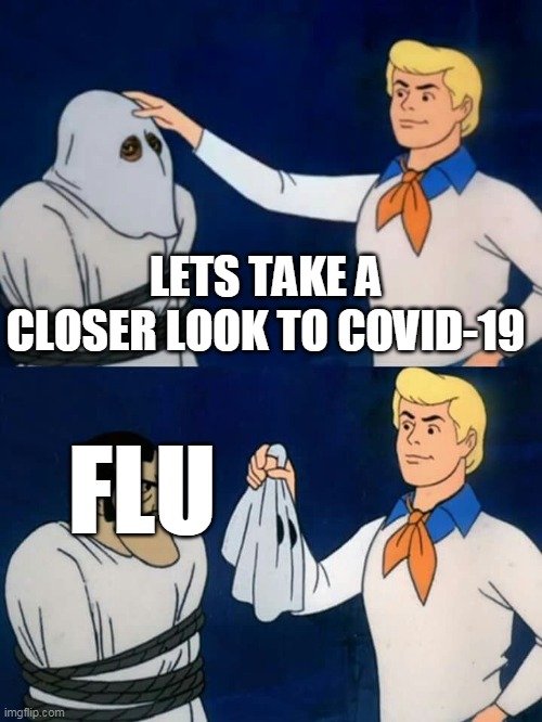 Covid 18+1 | LETS TAKE A CLOSER LOOK TO COVID-19; FLU | image tagged in scooby doo mask reveal,covid19,covid-19,flu,pandemic,quarantine | made w/ Imgflip meme maker