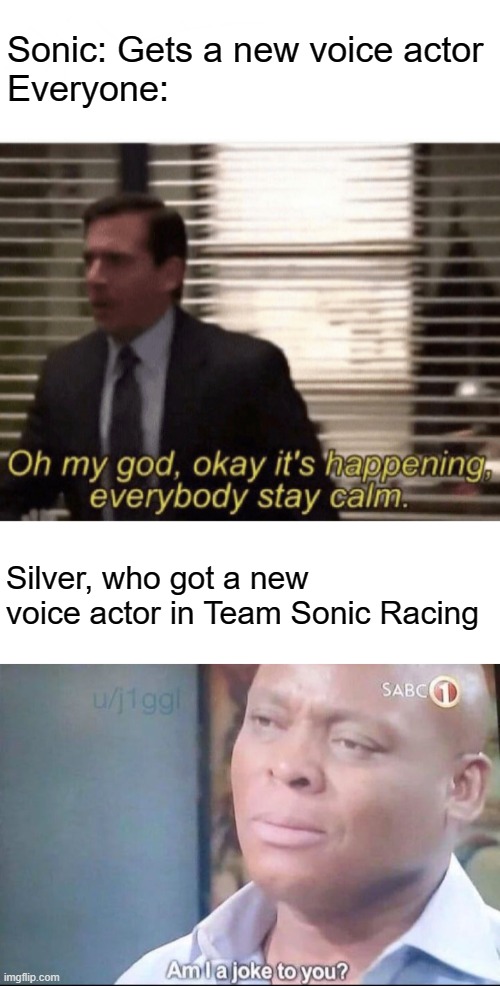 Give my favourite hedgehog boi some respect | Sonic: Gets a new voice actor
Everyone:; Silver, who got a new voice actor in Team Sonic Racing | image tagged in oh my god okay it's happening everybody stay calm,white rectangle,am i a joke to you | made w/ Imgflip meme maker