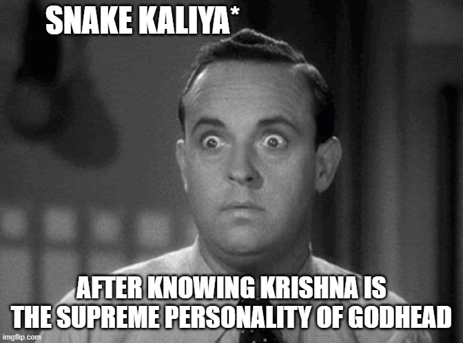 shocked face | SNAKE KALIYA*; AFTER KNOWING KRISHNA IS THE SUPREME PERSONALITY OF GODHEAD | image tagged in shocked face | made w/ Imgflip meme maker