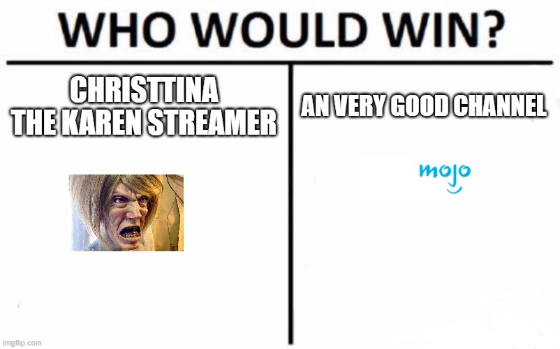 Karens nerver win?????? | CHRISTTINA THE KAREN STREAMER; AN VERY GOOD CHANNEL | image tagged in memes,who would win | made w/ Imgflip meme maker