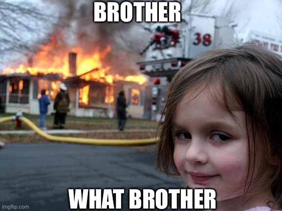 Disaster Girl Meme | BROTHER; WHAT BROTHER | image tagged in memes,disaster girl | made w/ Imgflip meme maker