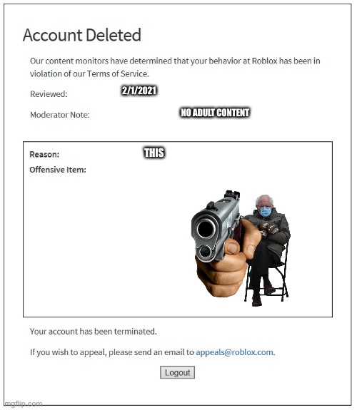 banned from ROBLOX | 2/1/2021; NO ADULT CONTENT; THIS | image tagged in banned from roblox | made w/ Imgflip meme maker