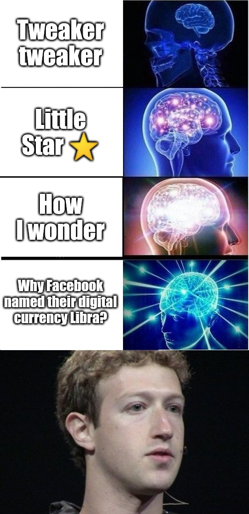 Facebook called their coin what? Libra. Why | Tweaker tweaker; Little Star ⭐; How I wonder; Why Facebook named their digital currency Libra? | image tagged in mark zuckerberg,big brain | made w/ Imgflip meme maker