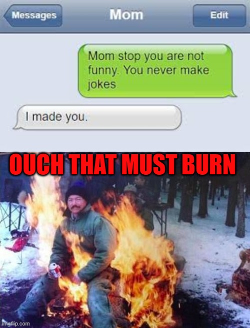 you have unleashed the fire of mom | OUCH THAT MUST BURN | image tagged in memes,ligaf,funny texts,mom,funny memes,apply cold water to burned area | made w/ Imgflip meme maker