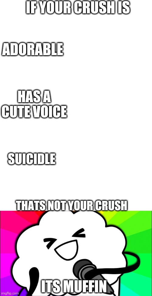 Image Title | IF YOUR CRUSH IS; ADORABLE; HAS A CUTE VOICE; SUICIDLE; THATS NOT YOUR CRUSH; ITS MUFFIN | image tagged in its muffin,your crush,is a muffin,what is wrong with you | made w/ Imgflip meme maker